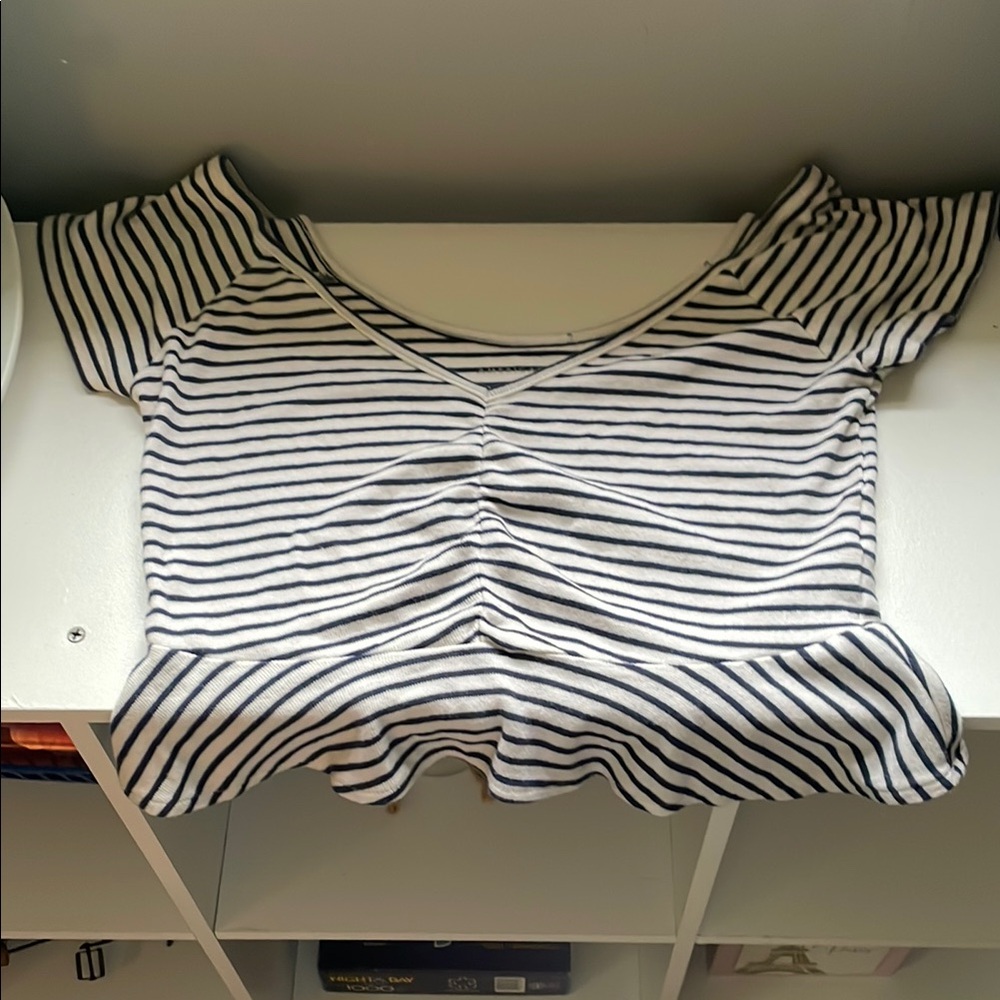 Black and White Ruched Cap Sleeve Blouse